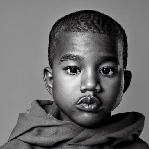 Image similar to the face of young kanye west wearing yeezy clothing at 6 years old, black and white portrait by julia cameron, chiaroscuro lighting, shallow depth of field, 8 0 mm, f 1. 8