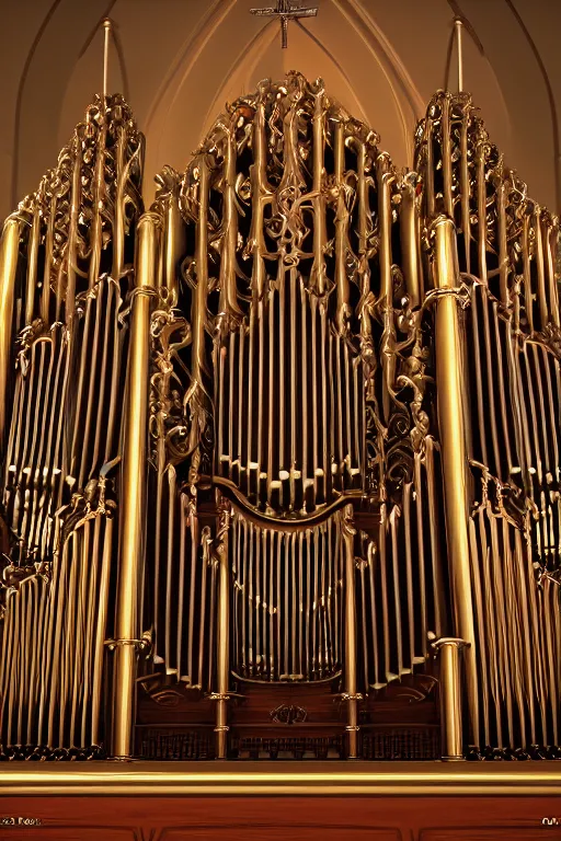 Image similar to a detailed render of an isolated lonely pipe organ in a church, with large golden pipes, trending on artstation, render, 3 d, octane, 4 k, 8 k, unreal engine, cinema 4 d