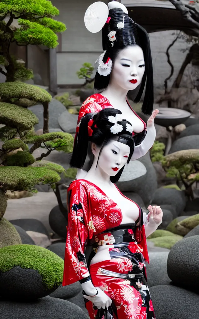 Image similar to a futuristic fetish geisha wearing a latex tomesode with traditional japanese pattern, heavy black okobo shoes, in a futuristic zen garden, 4 k
