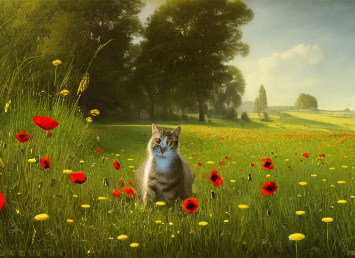 Image similar to the cat in the meadow from flowers : dandelions, poppy, tulip, chamomile, hyperrealism, no blur, 4 k resolution, ultra detailed, style of ivan shishkin, tyler edlin, tom bagshaw, arthur rackham,
