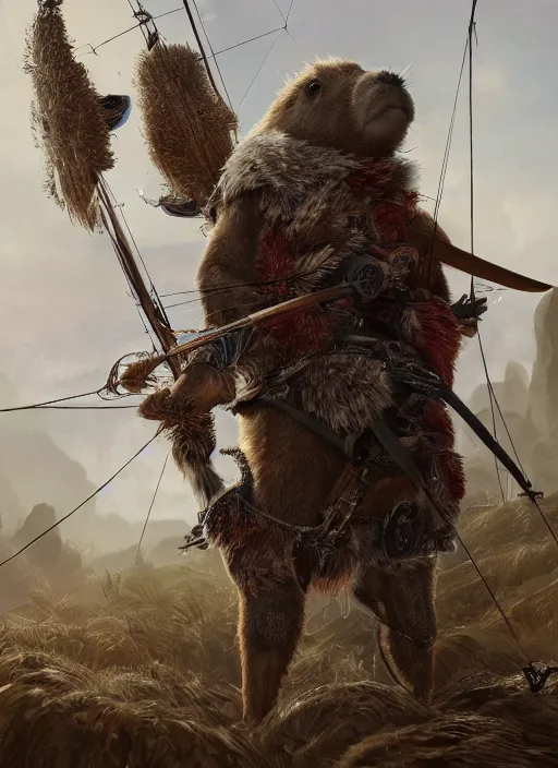 Image similar to detailed full body concept art illustration, soft focus, oil painting on canvas of an anthropomorphic capybara archer in full intricate clothing, biomutant, dystopian, micro detail, octane render, 4K