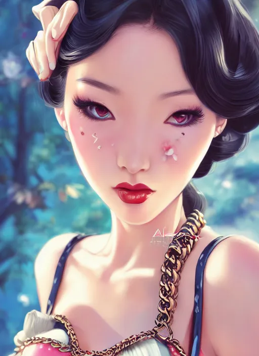 Image similar to a pin up and beautiful fashion dreamlke japan girl with lv jewelry, character art, art by artgerm, wlop, loish, hyperdetailed, 8 k realistic, symmetrical, global illumination, radiant light, frostbite 3 engine, cryengine, dof, trending on artstation, digital art, chanel, dior, detailed background