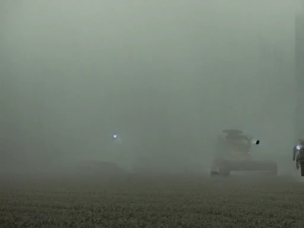 Image similar to farmer flying his harvest machine at a vertical farm in blade runner 2 0 7 2, cinestill, denis villeneuve, atmospheric, morning light, foggy, futuristic, ultra - hd, ultra - realistic