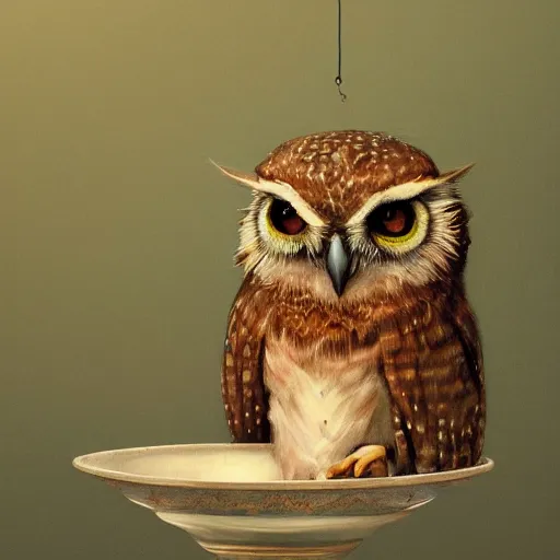 Prompt: long shot of a very cute young owl sitting in very beautiful cup, by esao andrews, by james jean, marc simonetti, by victo ngai, humorous illustration, hyperrealistic, big depth of field, fresh colors, dim light, 3 d octane render conceptart, 4 k, hyperdetailed, trending on artstation