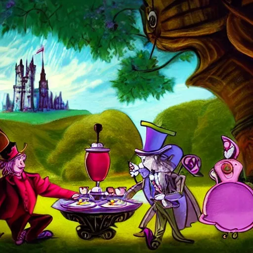 Image similar to A scene from Alice in Wonderland, with the Mad Hatter's tea party in the foreground and the castle in the background. The colors are very bright and whimsical, and the composition is very busy. This is an illustration, done in a traditional animation style with a focus on color and movement. The artist is Craig Mullins, and the artwork is called Mad Tea Party