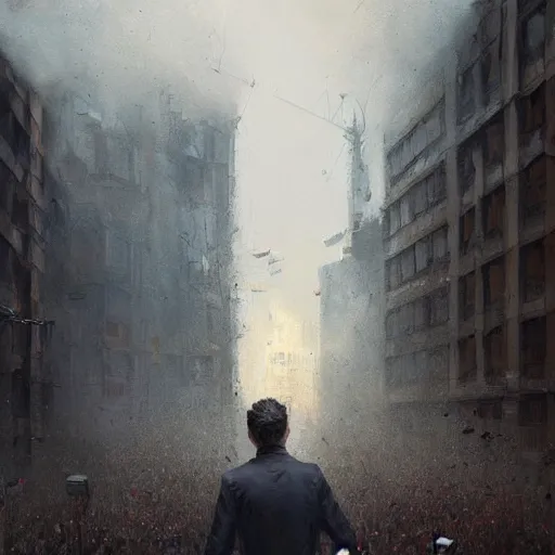 Image similar to Depressed politician looks out of the window from his tower block and sees the crowds rioting | painting by Greg Rutkowski