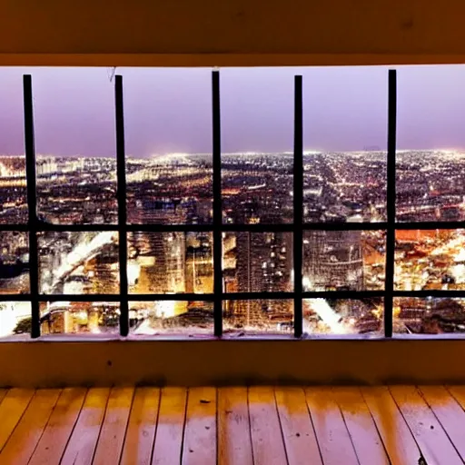 Image similar to looking out the window at night, overlooking the city, sad, alone, melancholy, moody, gloomy, atmospheric, bittersweet, color palette, staring, city lights, bedroom window, balcony