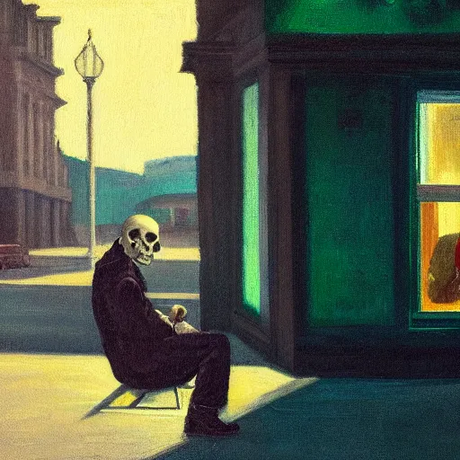 Image similar to a portrait painting of a lonely man with a skull as his head waiting for the bus at night, close up of the man, green dramatic and cinematic light from the streetlight, the sky is full of stars, in the style of edward hopper, 4 k,