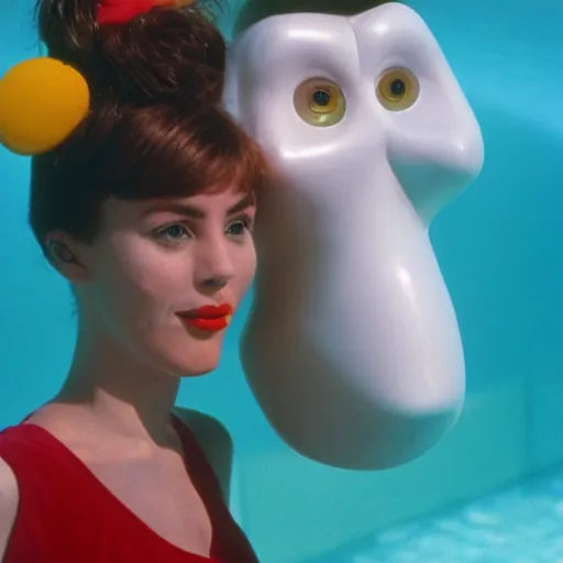 Prompt: a woman and her friend an anthropomorphic nostril in a swimming pool live-action childrens television show 1974 technicolor