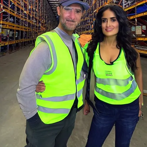 Image similar to photo, close up, salma hayek in a hi vis vest, in warehouse, android cameraphone, snapchat story screenshot, 2 6 mm,