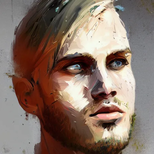 Image similar to blurry painted male face, by Ismail Inceoglu, blonde hair, detailed, blurred, muted colors, detailed, illustration, portrait, character, brushstrokes, disco elysium, 4K