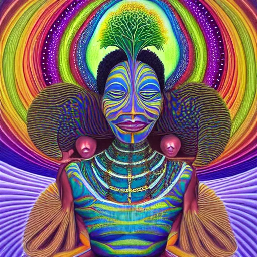 Image similar to a regal and heroic african queen with a colorful afro sitting in a cabana near a larg near a pink river with a large glowing baobab tree, by amanda sage and alex grey and evgeni gordiets in a surreal psychedelic style, symmetrical, detailed eyes, oil on canvas 8k, hd