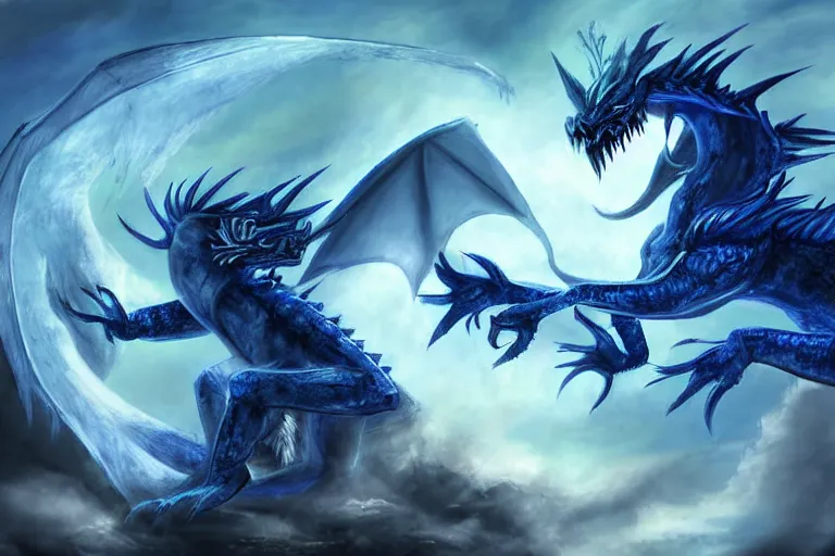 Image similar to an screaming blue and white dragon wearing armor, digital art, moonlight, blue mist, blue smoke,