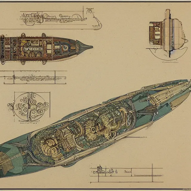 Image similar to detailed, intricate technical drawings on parchment from 1 8 4 0, with labels and notes, for a beautiful, symmetric, art deco submarine cutaway, by ron cobb and alphonse mucha