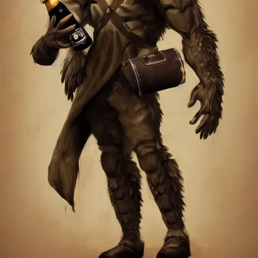 Image similar to a humanoid german shepherd beast - man in military style, holding a bottle of beer, artstation, concept art, smooth, sharp foccus ilustration, artstation