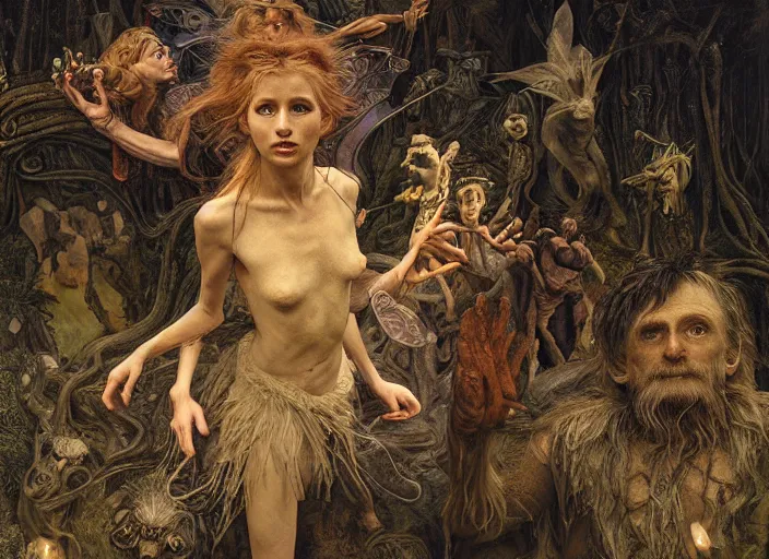 Prompt: jim henson's labyrinth. land of yore. the fairies in the bog of eternal stench flicker with pale fire like willo'- the - wisps. edgar maxence and caravaggio and michael whelan and delacroix style, artistic, intricate painting, cinematic lighting, hyper realistic, extremely detailed, vivid colors, establishing shot, dramatic lighting