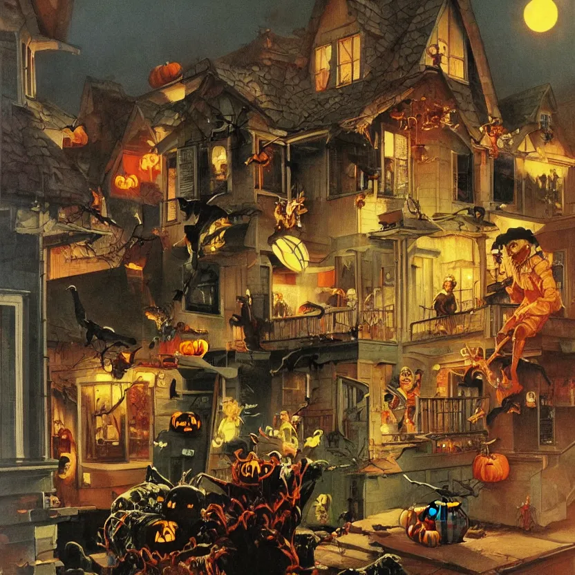 Image similar to a framed painting of a halloween scene in a suburban neighborhood. ornately framed highly detailed science fiction painting by norman rockwell, frank frazetta, and syd mead. rich colors, high contrast, gloomy atmosphere, dark background. trending on artstation. framed painting