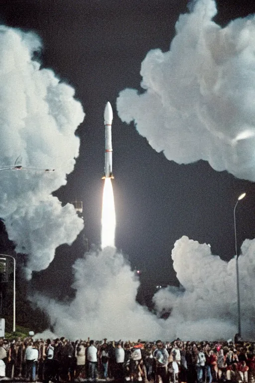 Image similar to photograph of a 1 9 9 0 s era rocket launching and leaving huge plumes of smoke, large crowds of people watching in astonishment, cinematic, night, rain