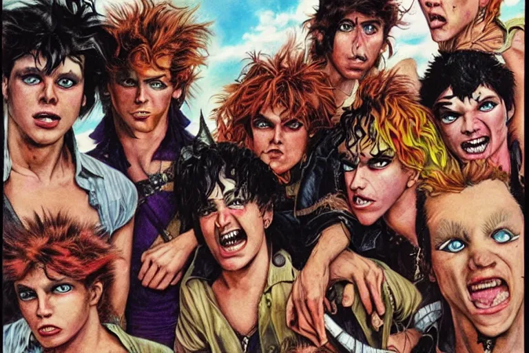 Prompt: 1 9 8 0's punk rock lost boys of neverland fighting an adult peter pan who abandoned them. london. art by glenn fabry. hyper realistic. london.