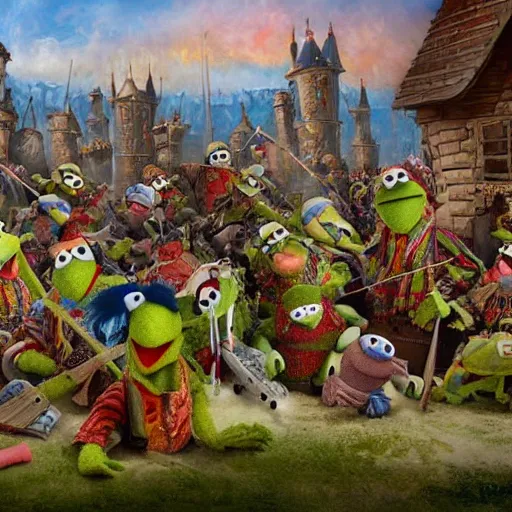 Image similar to muppet siege warfare, epic battle painting with extreme detail, very wide panorama