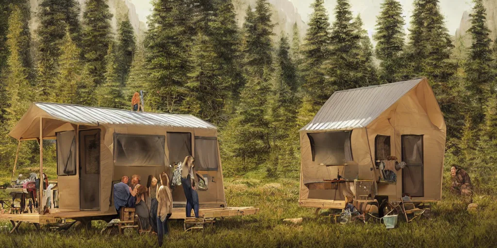 Prompt: cabela's outdoors popup micro - compact modular home, quick assembly, utilitarian, glamping, person in foreground, cliffside mountainous forested wilderness open fields, beautiful views, painterly concept art, joanna gaines, environmental concept art, farmhouse, magnolia, concept art illustration by james gurney, by craig mullins, by greg rutkowski