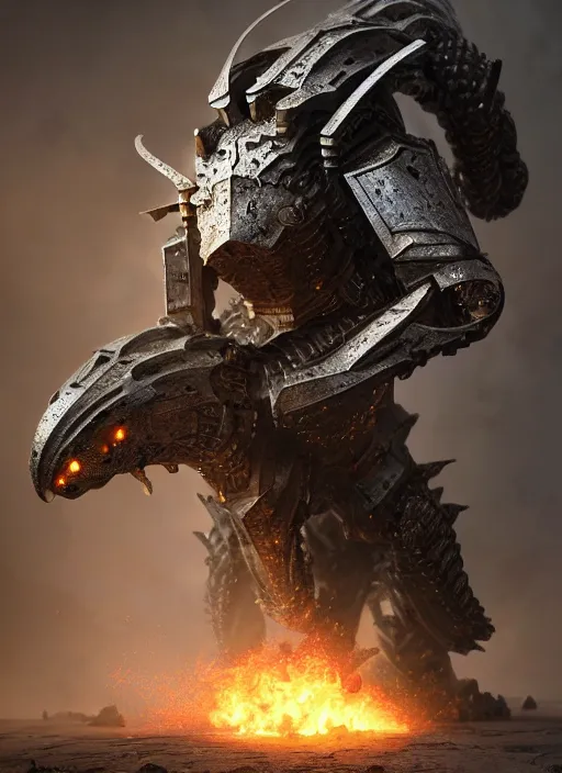 Image similar to hyperrealistic mixed media portrait of a Warhammer Gorr armored warrior creature, stunning 3d render inspired art by Michael Parkes + dim volumetric lighting, 8k octane beautifully detailed render, post-processing, extremely hyperdetailed, intricate, epic composition, grim yet sparkling atmosphere, cinematic lighting + masterpiece, trending on artstation