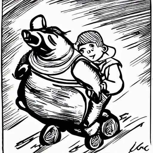 Image similar to small young boy riding large fat pig, black and white, comic book style, line art