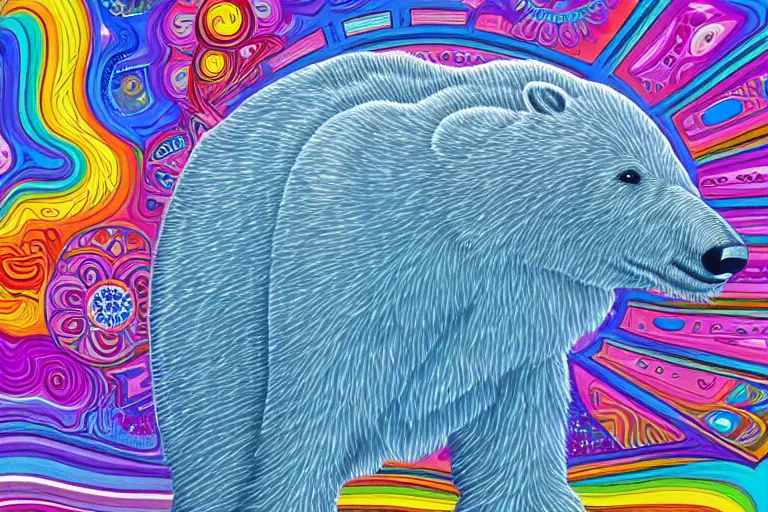 Prompt: a relaxed polar bear looking to the sky by lisa frank, alex grey, flooko, acrylic, digital art, painting,