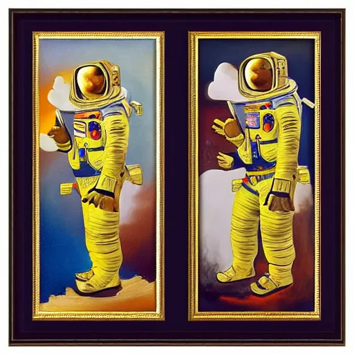 Image similar to set of painting, art noveau, astronauts, with a golden frame