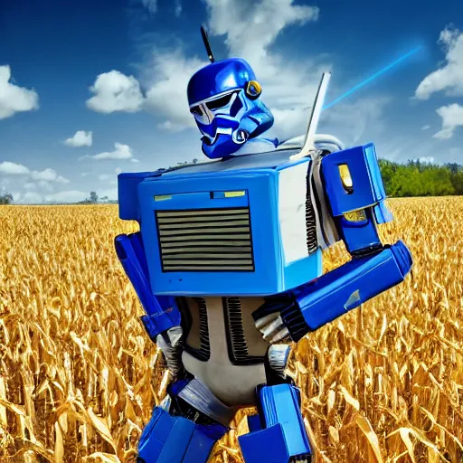 Prompt: a photo of transformers wearing a straw hat blue overalls in the corn field, robots, humanoid, star wars, chappie, farming, photorealistic, 8 k