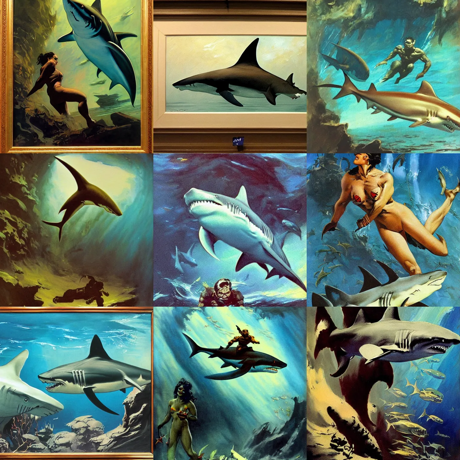 Prompt: painting of frazetta!! shark underwater