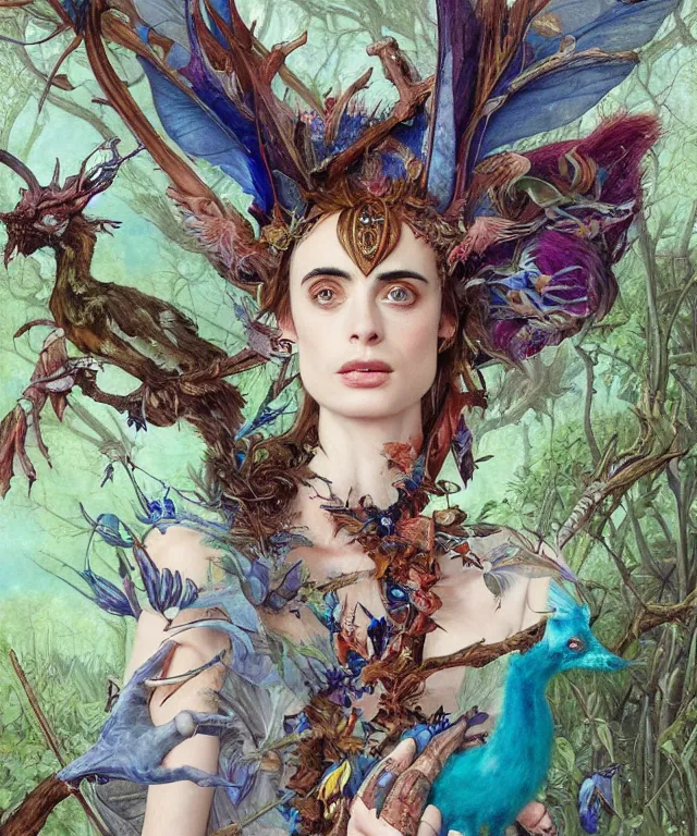Image similar to a portrait photograph of a meditating fierce krysten ritter as a colorful harpy antilope super hero with blue skin with scales. she is being transformed into a tree. by donato giancola, hans holbein, walton ford, gaston bussiere, peter mohrbacher and brian froud. 8 k, cgsociety, fashion editorial