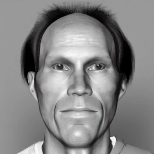 Prompt: A mugshot portrait of a middle aged man who looks like Jerma985 with a receding hairline and short mid-length wavy hair, wearing mid-1980s menswear in the late 2008, taken in the late 1980s, grainy, realistic, hyperrealistic, very realistic, highly detailed, very detailed, extremely detailed, detailed, trending on artstation, front facing, front view, headshot and bodyshot, detailed face, very detailed face