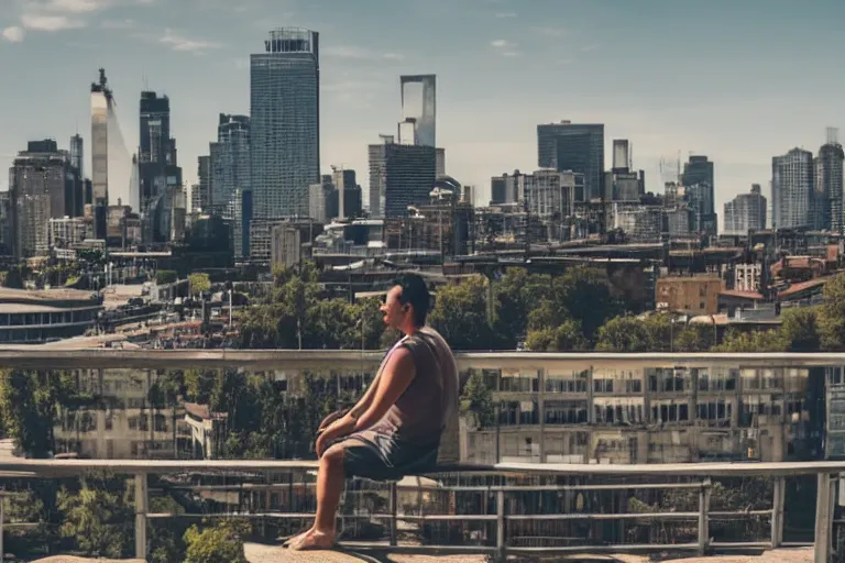 Image similar to A man sitting on a footbridge, city in the background