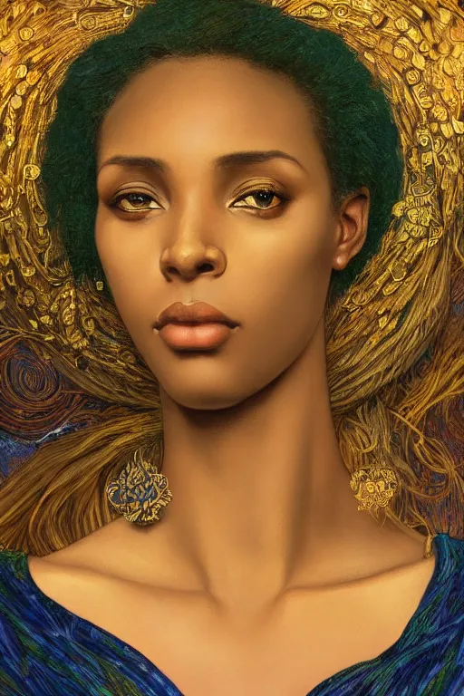 Image similar to Portrait of a Beautiful African female, sad green eyes, beautiful skin, elegant, jewellery, digital painting, Pre-Raphaelites, highly detailed, concept art, cinematic lighting, smooth, sharp focus, gold and indigo, illustration, art by Klimt and Alphonse Mucha.