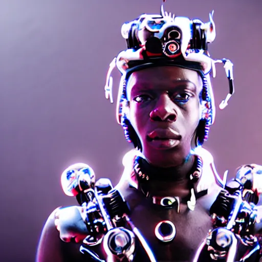 Prompt: a cinematic film still of rapper unotheactivist as a cybernetic cyborg, cgi, surrealism, film photography