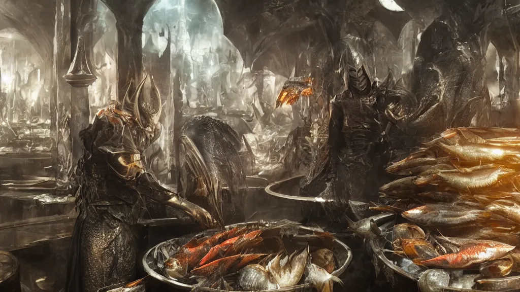 Prompt: fantasy dark lord Sauron in metal helmet selling fish at fish market, volumetric lighting, unreal engine 5, ethereal ghostly atmosphere, photorealistic, vibrant colors, somber melancholic matte painting, hyperrealism, hyperrealistic, cinematic masterpiece, fantasy style 8k ultrahd octane render