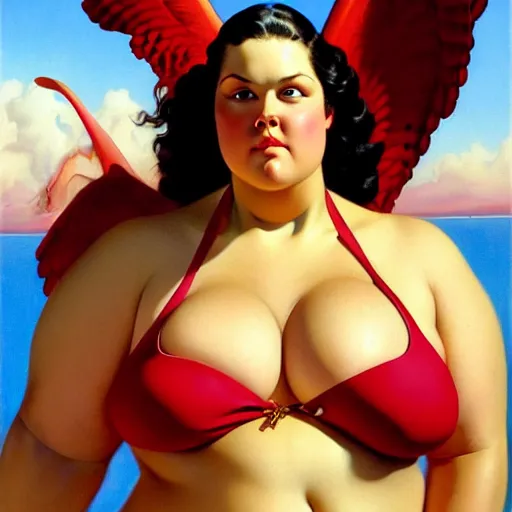 Prompt: upper body portrait of A plus-size model, bbw, sling bikini, wings, oil on canvas, realism, ((Lovecraftian)) by J. C. Leyendecker and boris vallejo, artstation, concept character art