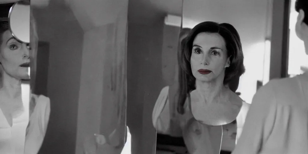 Image similar to ultra wide angle color photo of beautiful young nancy pelosi dressed in a white blouse and black dress pants as diana prince looking at herself in a bathroom mirror and seeing her reflection as wonder woman