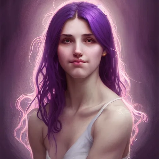 Image similar to portrait of a young girl, nose ring, upper body, purple hair, long hair, joyful smirk, intricate, elegant, highly detailed, digital painting, artstation, concept art, matte, sharp focus, illustration, art by artgerm and greg rutkowski and alphonse mucha