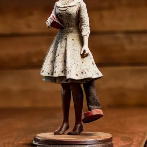 Image similar to jenna coleman figurine by pixar sad bokeh on wooden table.