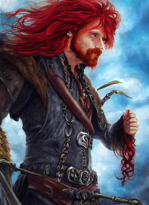 Prompt: epic fantasy portrait painting of a long haired, red headed male sky - pirate in front of an airship in the style of the a marvel avengers movie