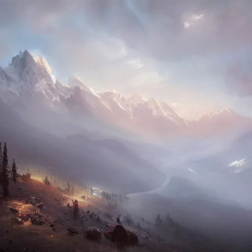 Prompt: oil painting of cinematic mountains of kashmir with a cloudy sky filled with swirling fog, Greg Rutkowski, morning lighting, mystical, fantasy