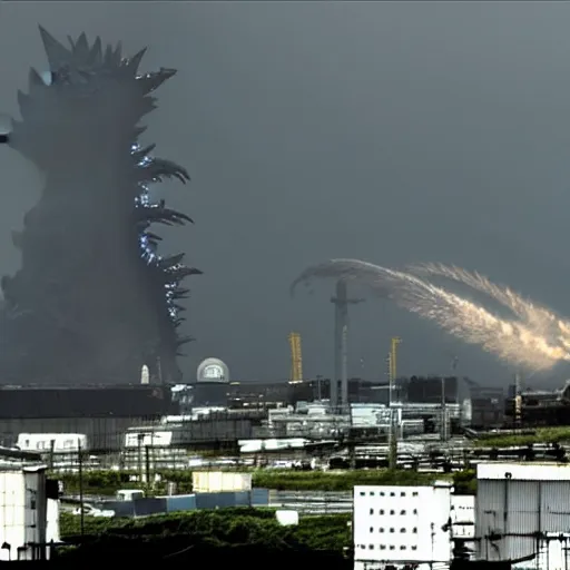 Image similar to godzilla attacking fukushima daiichi unit 4, dramatic lighting