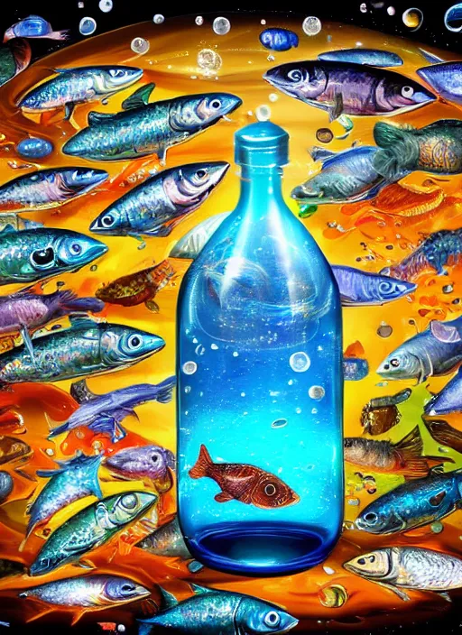 Image similar to the universe in a bottle of water filled with fishes, trending on art station, very detailed, detailed background