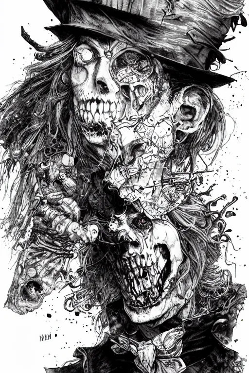 Image similar to Zombie mad hatter , pen and ink, intricate line drawings, by Yoshitaka Amano, Ruan Jia, Kentaro Miura, Artgerm, watercolor