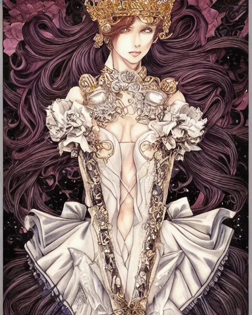 Image similar to portrait of a queen, elegant, beautiful, mesmerizing, concept art, fancy clothing, highly detailed, artstation, behance, deviantart, trending, ayami kojima, shinichi sakamoto, kaoru mori