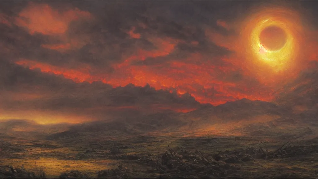 Prompt: morder, flaming eye of sauron in the dark clouds above. by alan lee, intricate, lord of the rings calendar, smooth, detailed terrain, oil painting, trending artstation, concept art, matte painting