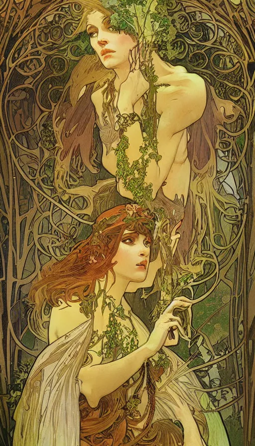 Image similar to concept art, lush forest, magic, gnarly details, gold, gems, dramatic lighting, denoised, painted by alphonse mucha