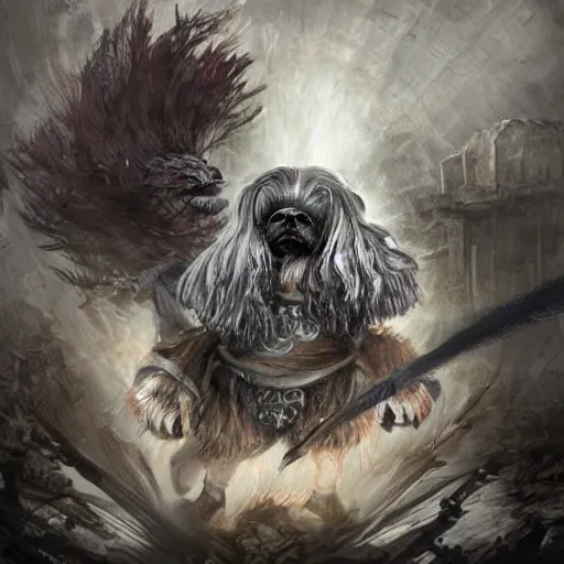 Image similar to intricate painting of a shih tzu as a mighty dark souls boss, concept art